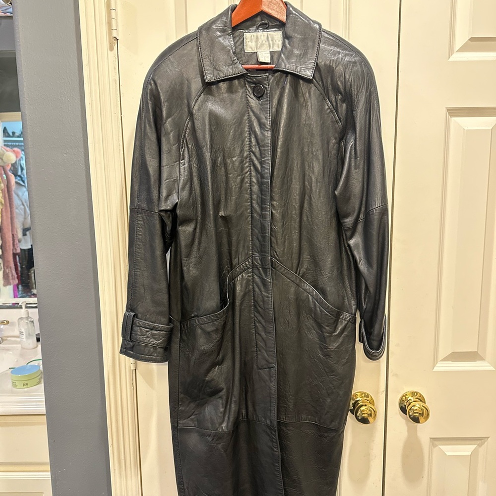 Vintage The Limited Black Leather Long Coat | 90s Minimalist Trench | Size S